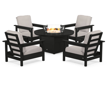 POLYWOOD® Club 5-Piece Conversation Set with Fire Pit Table in Black / Dune Burlap