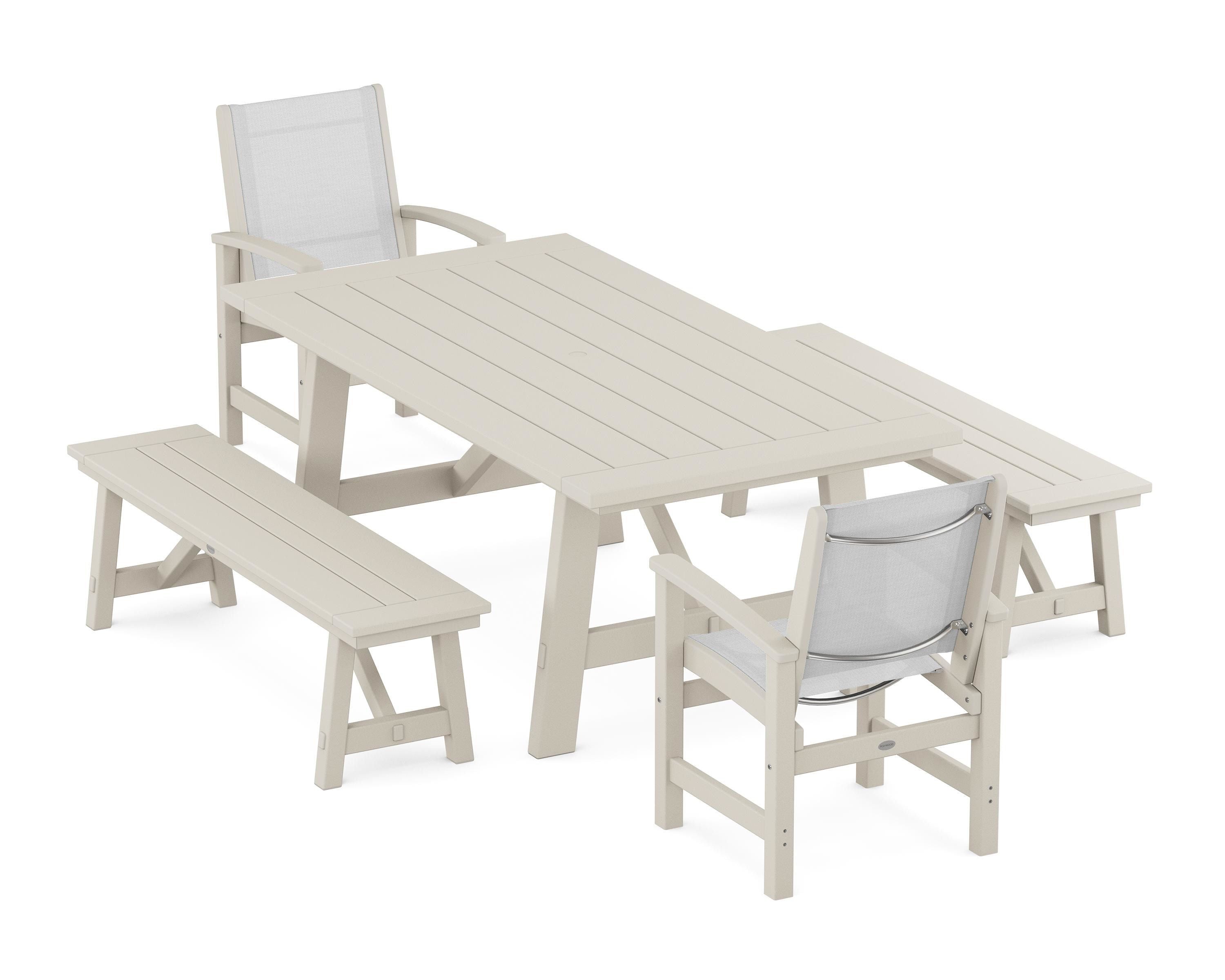 POLYWOOD® Coastal 5-Piece Rustic Farmhouse Dining Set With Benches in Sand / White Sling