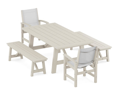 POLYWOOD® Coastal 5-Piece Rustic Farmhouse Dining Set With Benches in Sand / White Sling