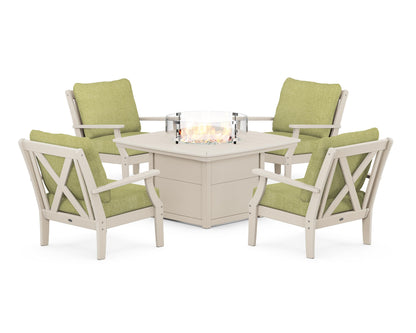 POLYWOOD® Braxton 5-Piece Deep Seating Conversation Set with Fire Pit Table in Sand / Chartreuse Boucle