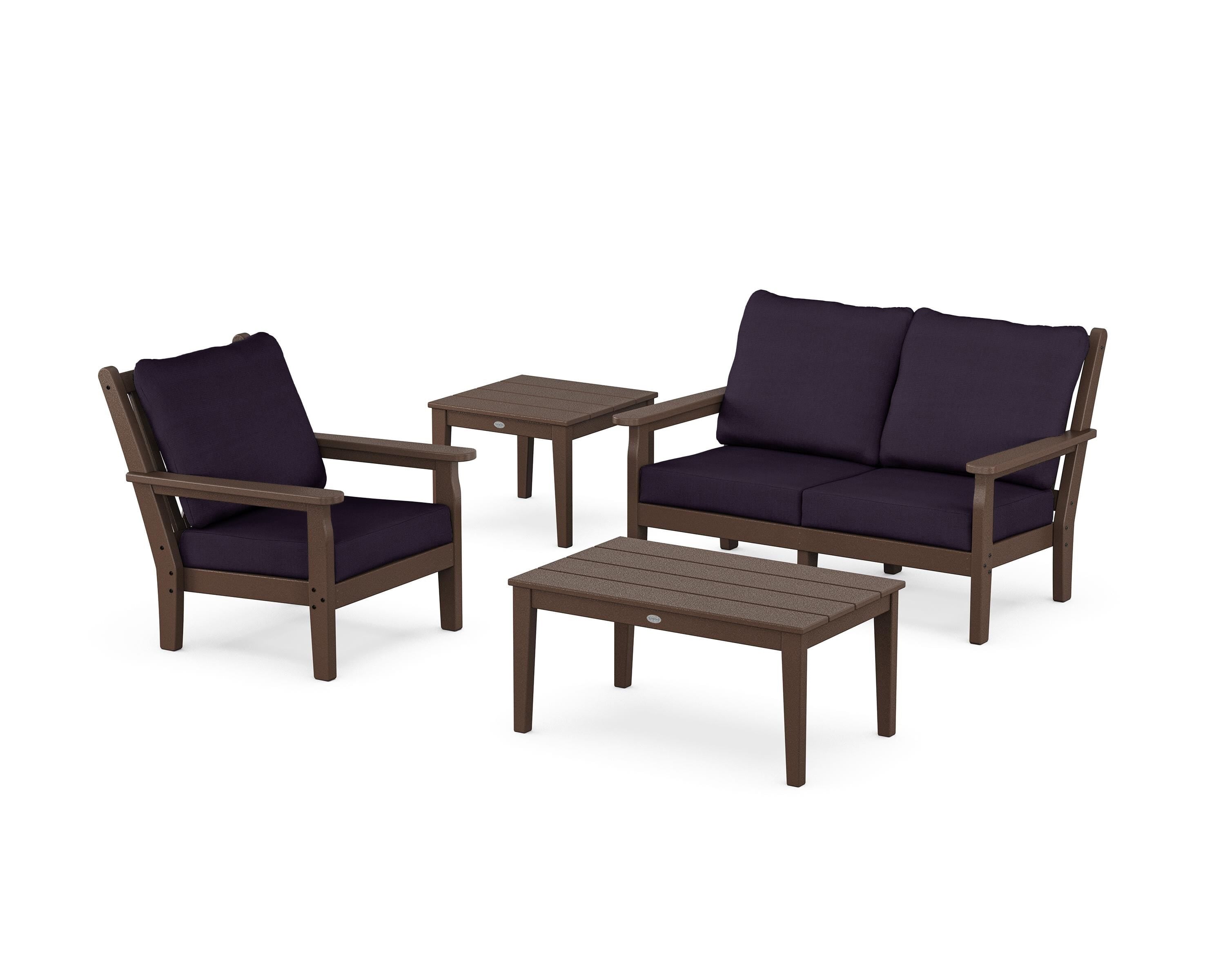 POLYWOOD® Chippendale 4-Piece Deep Seating Set in Mahogany / Navy Linen