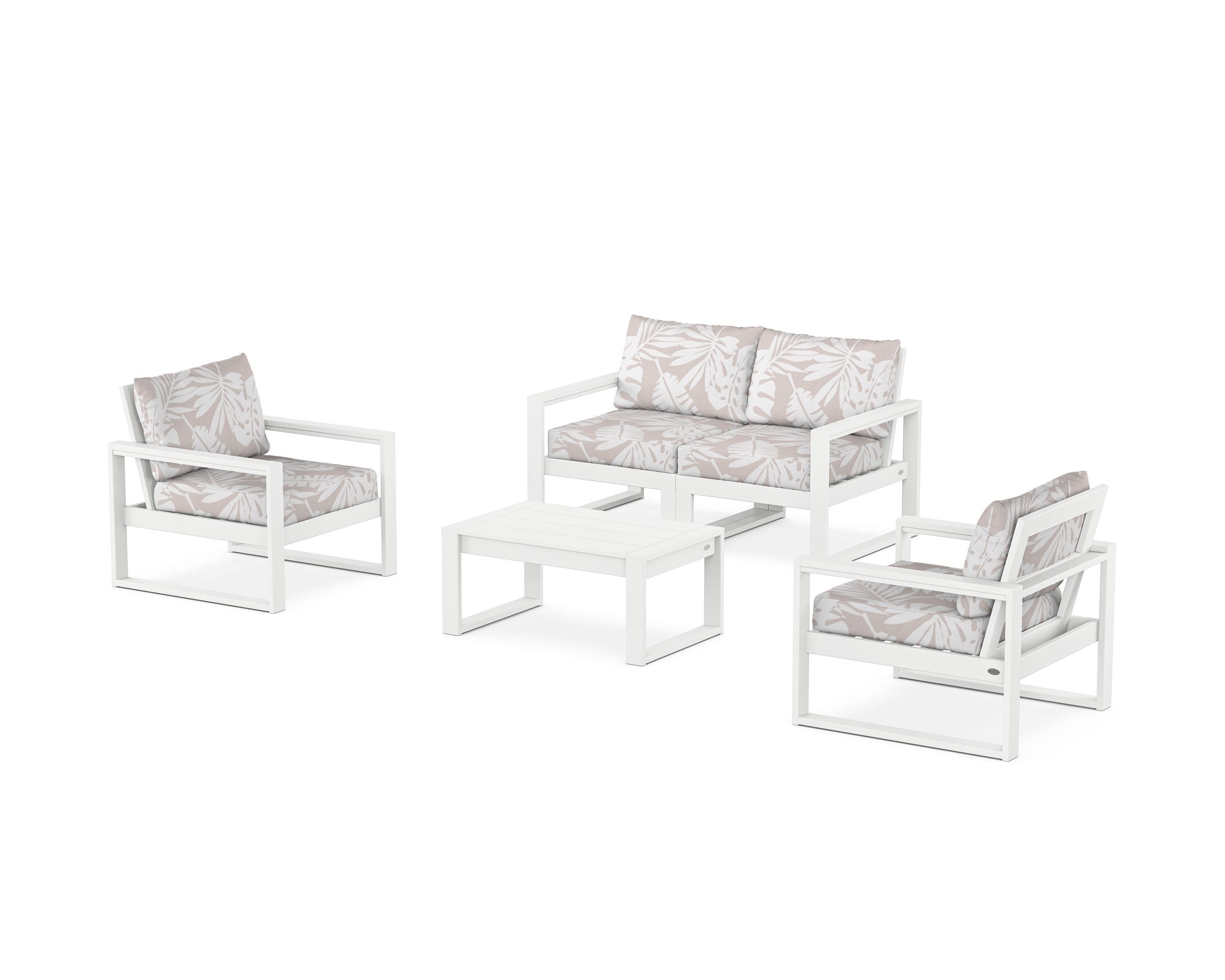 POLYWOOD® EDGE Sectional 4-Piece Deep Seating Set with Loveseat in White / Leaf Dune Burlap