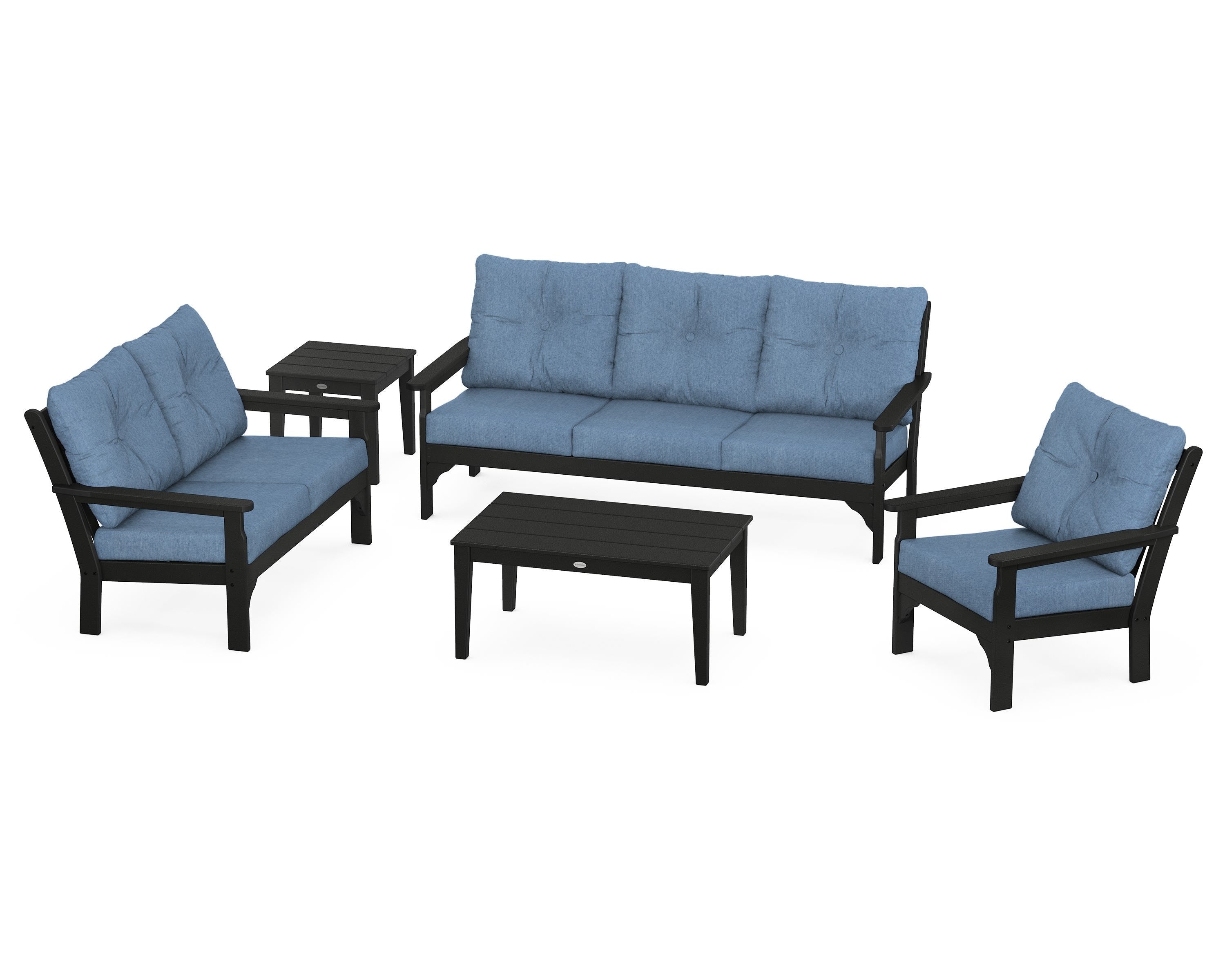 POLYWOOD® Vineyard 5 Piece Deep Seating Set in Black / Sky Blue