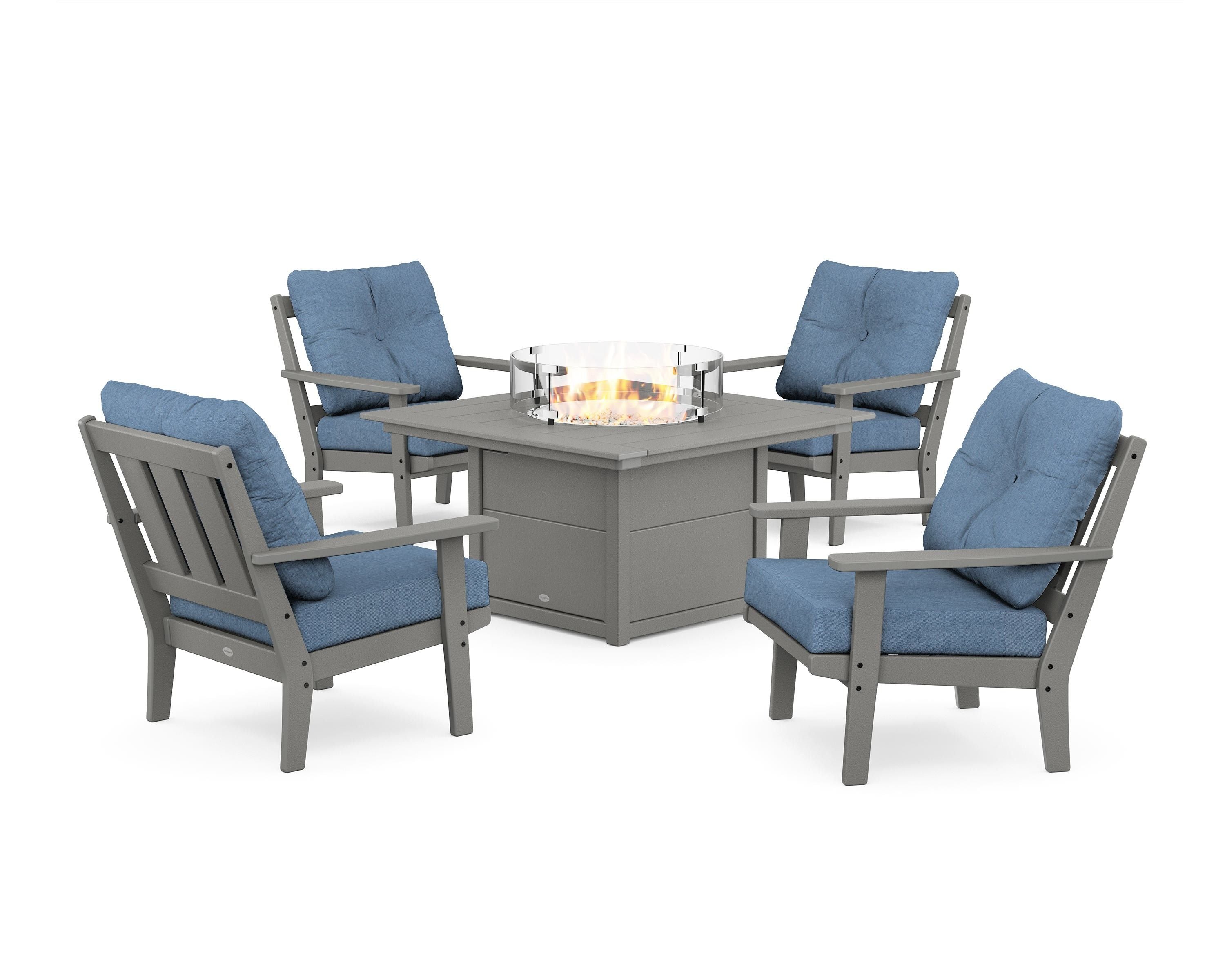 POLYWOOD® Oxford 5-Piece Deep Seating Set with Fire Pit Table in Slate Grey / Sky Blue