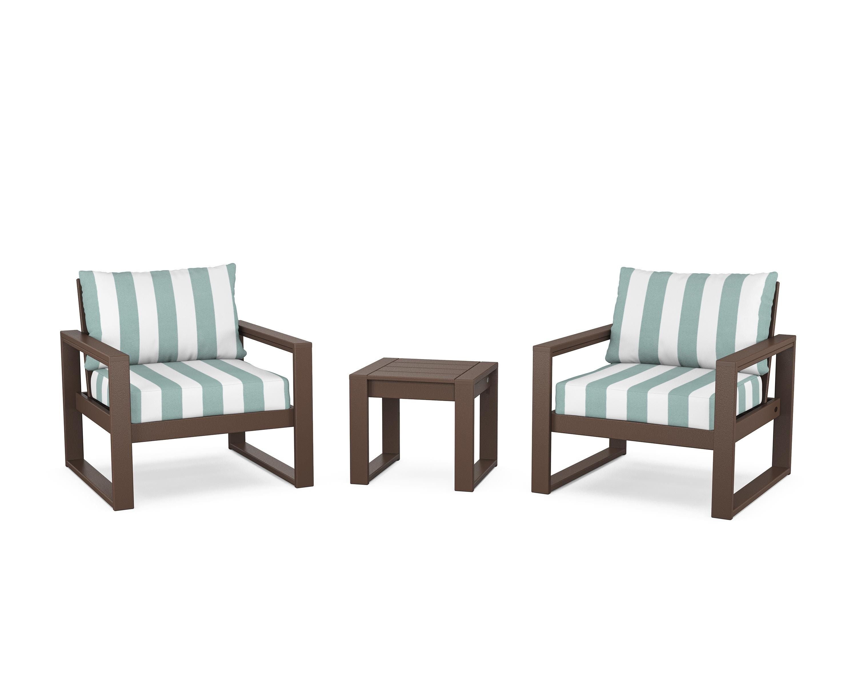 POLYWOOD® EDGE Sectional 3-Piece Deep Seating Set in Mahogany / Cabana Stripe Glacier Spa
