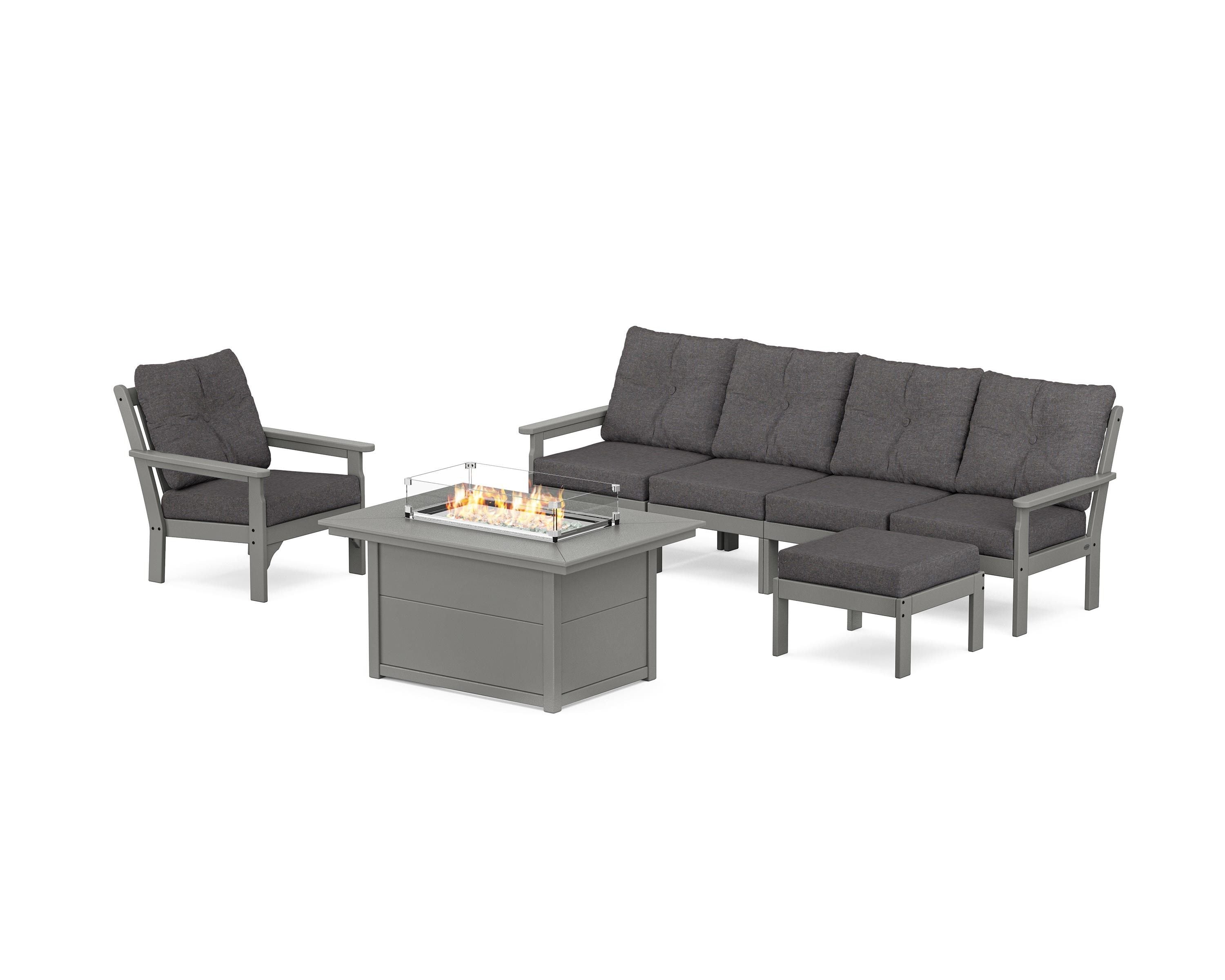 POLYWOOD® Vineyard Sectional Lounge and Fire Pit Set in Slate Grey / Ash Charcoal