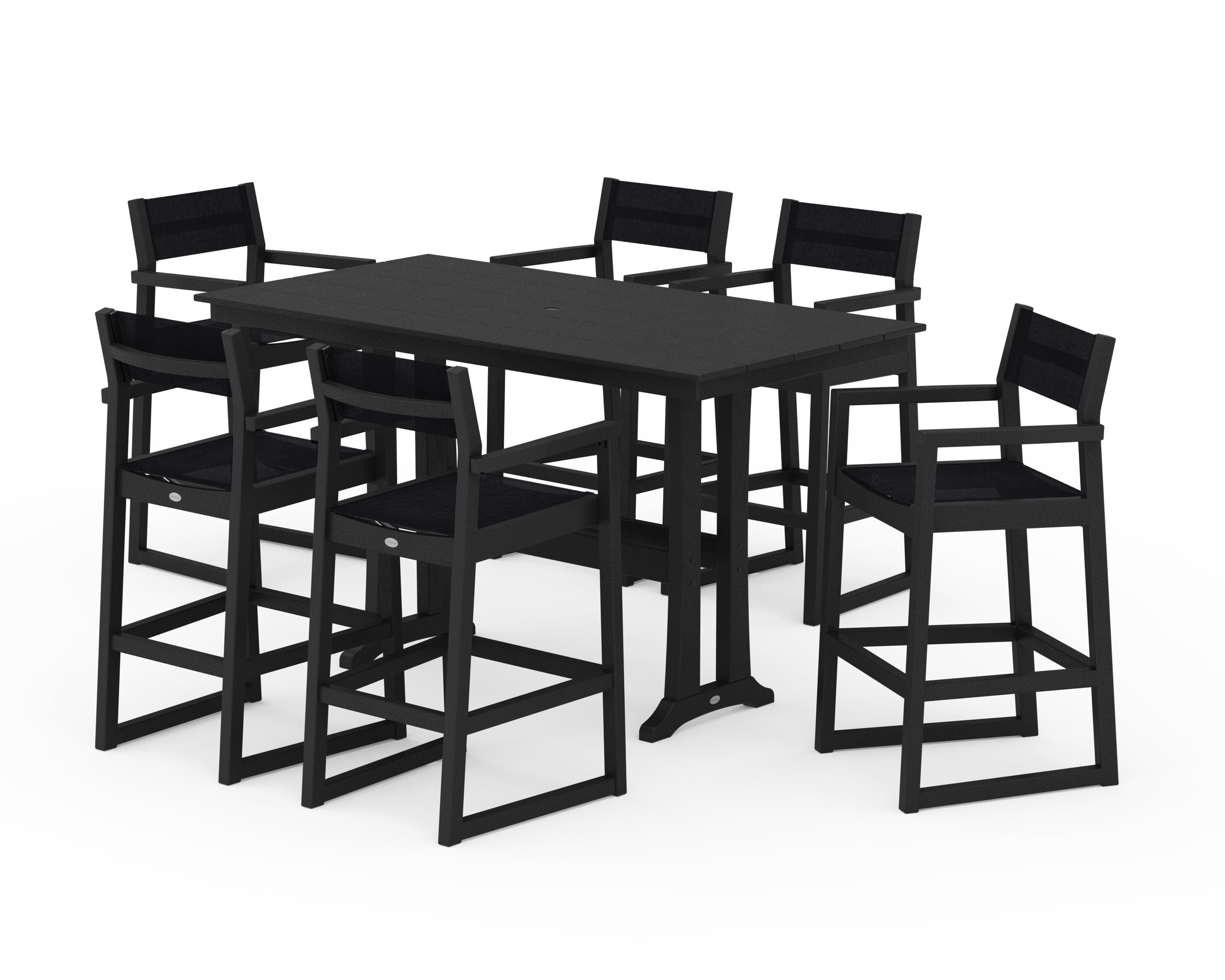 POLYWOOD® EDGE Sling Arm Chair 7-Piece Farmhouse Bar Set with Trestle Legs in Black / Black Sling