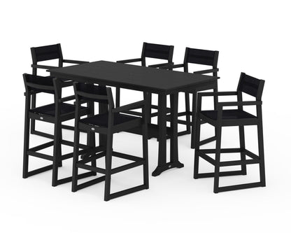 POLYWOOD® EDGE Sling Arm Chair 7-Piece Farmhouse Bar Set with Trestle Legs in Black / Black Sling