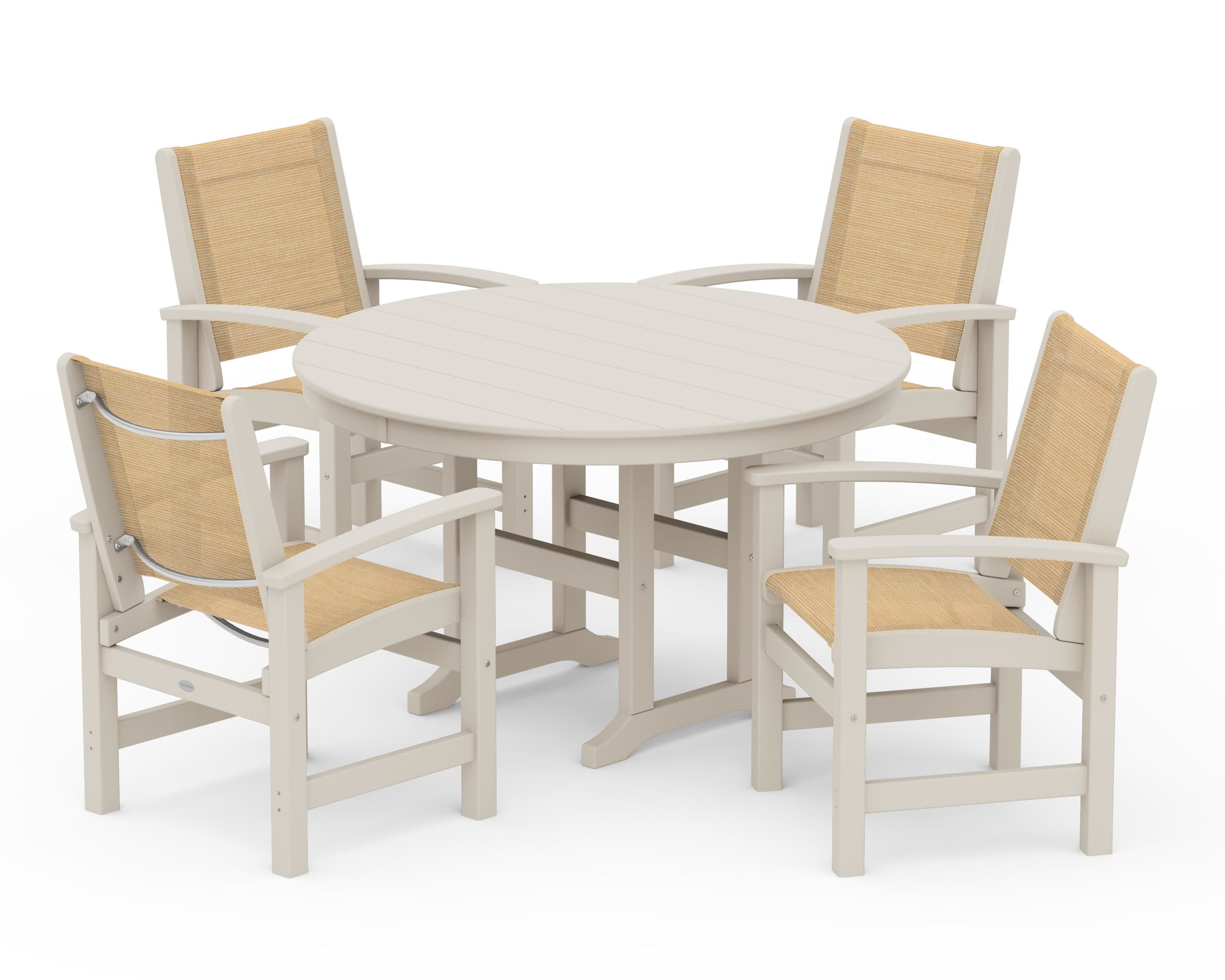 POLYWOOD® Coastal 5-Piece Round Farmhouse Dining Set in Sand / Dupioni Apricot Sling