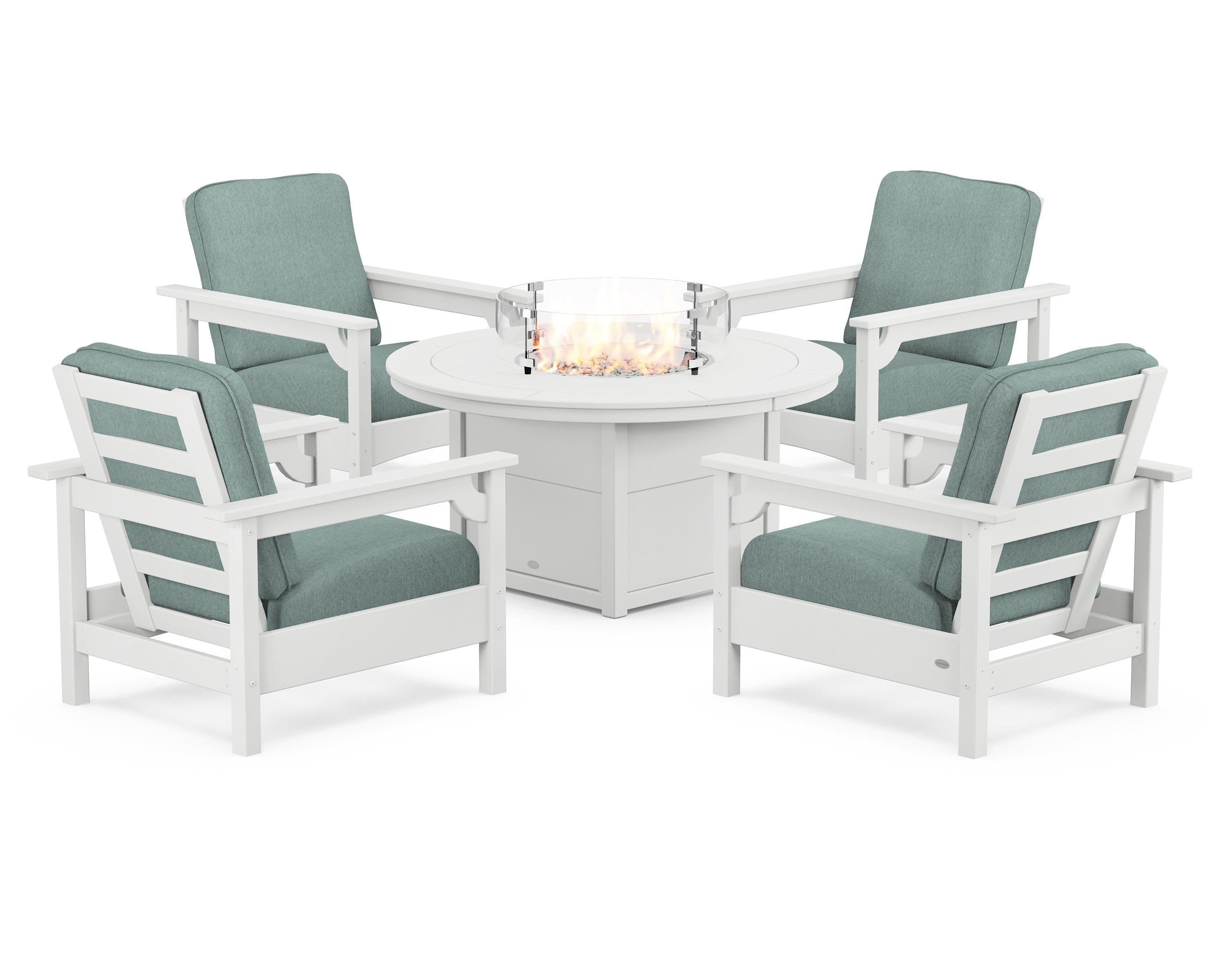 POLYWOOD® Club 5-Piece Conversation Set with Fire Pit Table in White / Glacier Spa