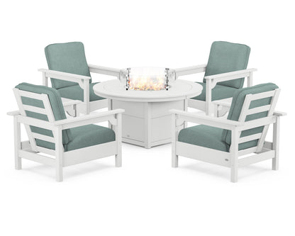 POLYWOOD® Club 5-Piece Conversation Set with Fire Pit Table in White / Glacier Spa
