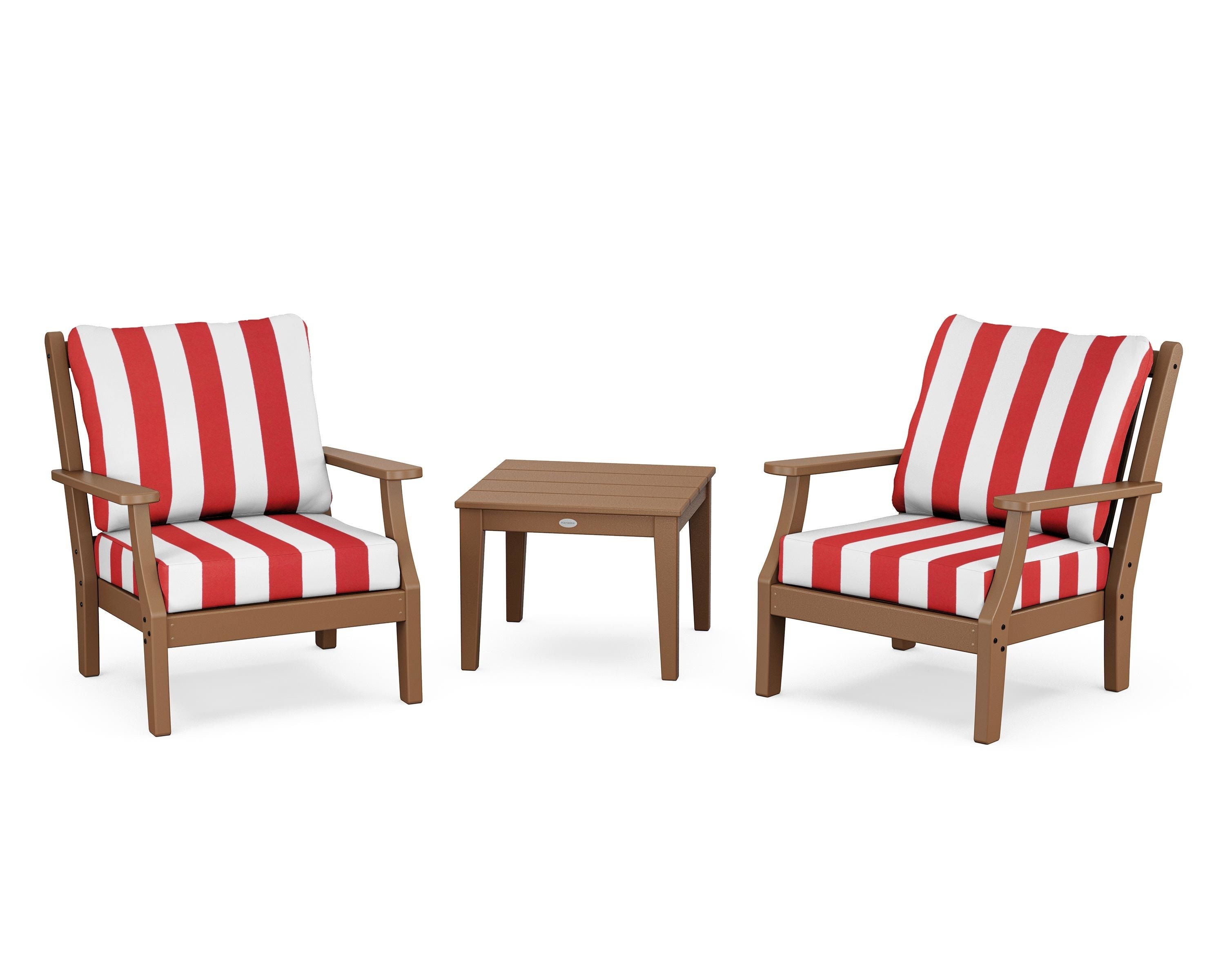 Country Living Wovendale 3-Piece Deep Seating Set in Teak / Cabana Stripe Crimson