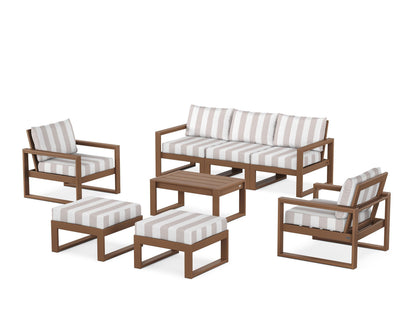 POLYWOOD® EDGE Sectional 8-Piece Lounge Sofa Set in Teak / Cabana Stripe Dune Burlap