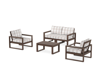 POLYWOOD® EDGE Sectional 4-Piece Deep Seating Set with Loveseat in Mahogany / Buffalo Plaid Dune Burlap