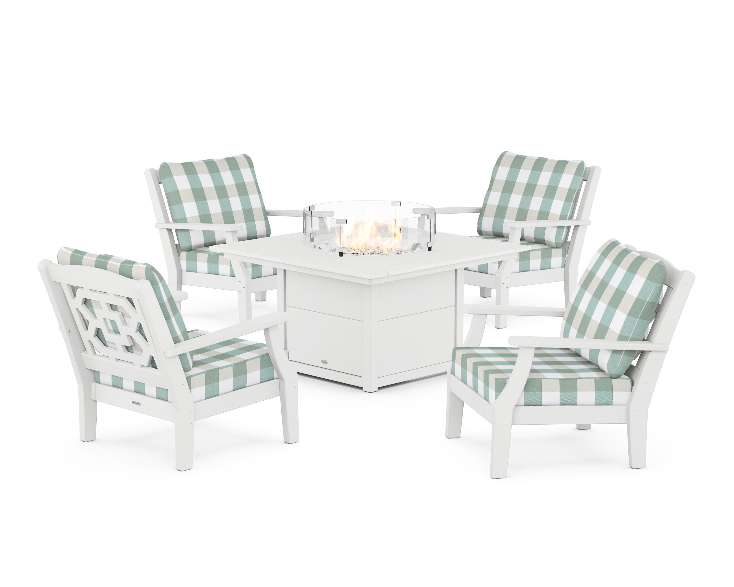 Martha Stewart by POLYWOOD® Chinoiserie 5-Piece Deep Seating Set with Fire Pit Table in White / Buffalo Plaid Glacier Spa