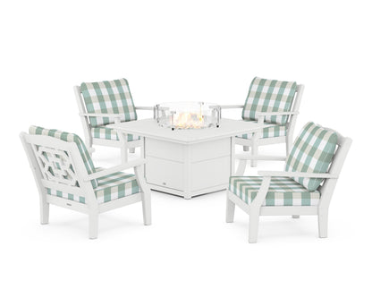 Martha Stewart by POLYWOOD® Chinoiserie 5-Piece Deep Seating Set with Fire Pit Table in White / Buffalo Plaid Glacier Spa