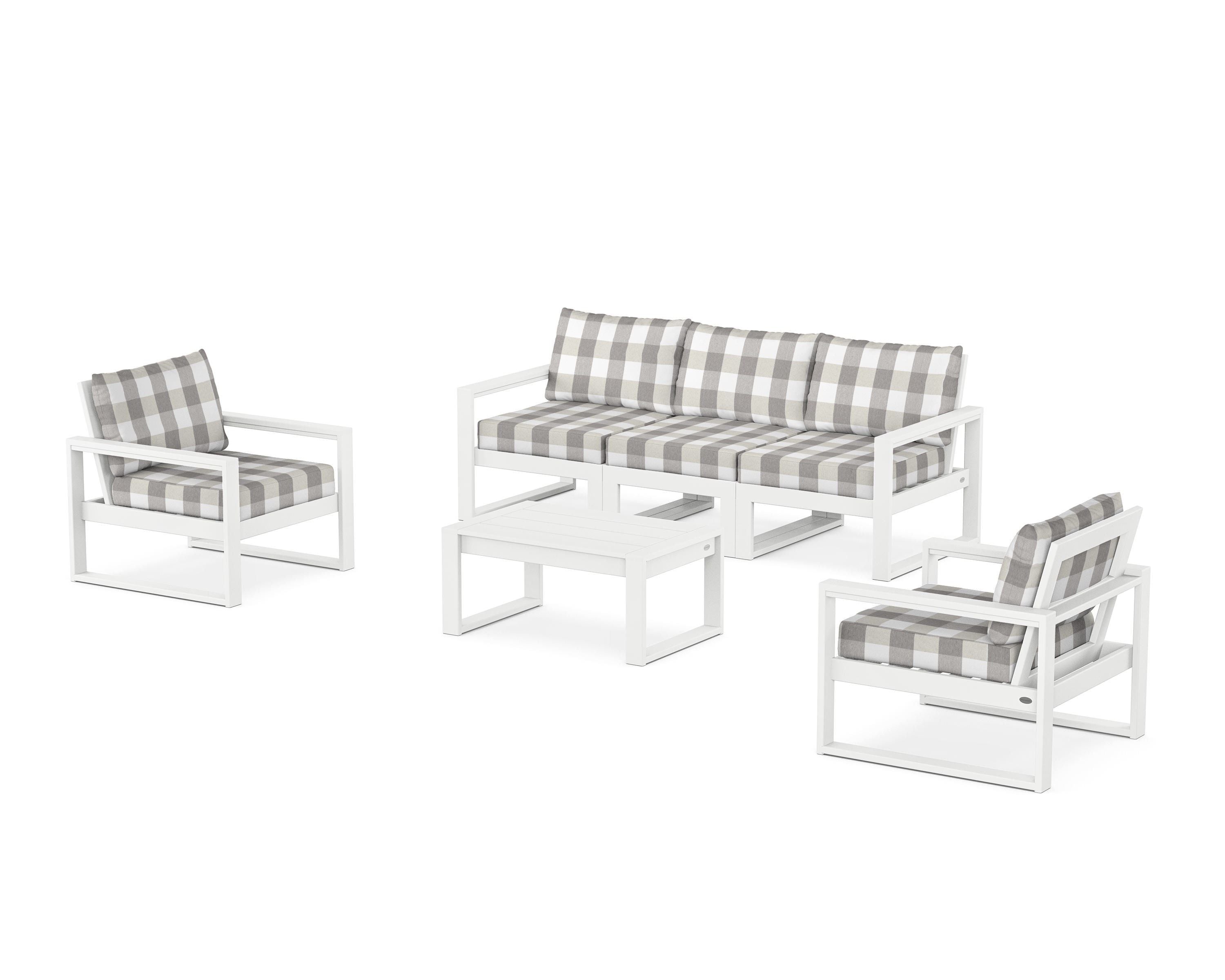 POLYWOOD® EDGE Sectional 4-Piece Deep Seating Set with Sofa in White / Buffalo Plaid Grey Mist