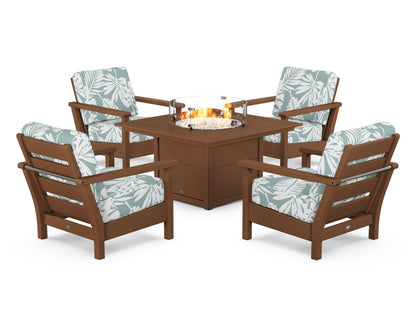 POLYWOOD® Harbour 5-Piece Conversation Set with Fire Pit Table in Teak / Leaf Glacier Spa