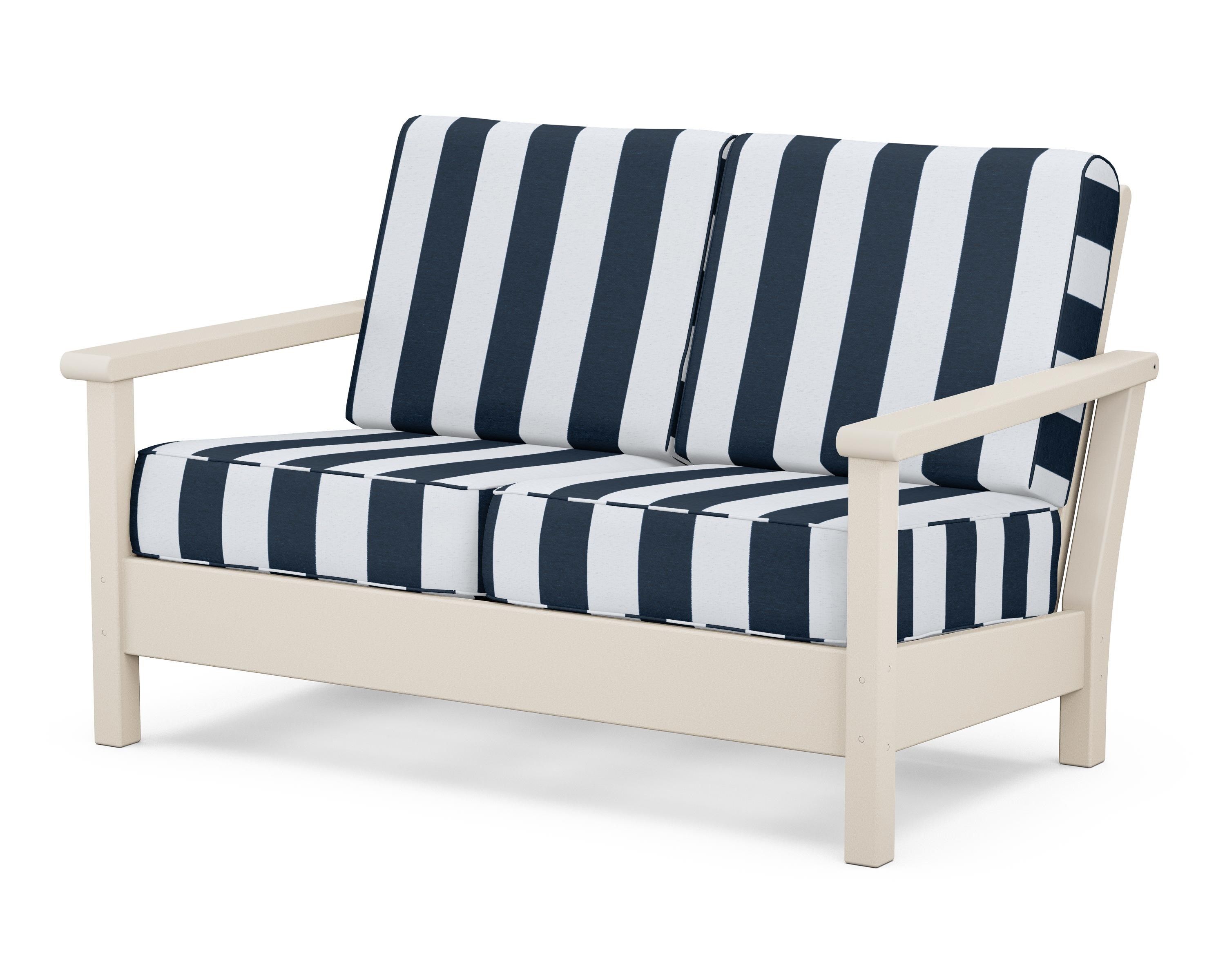 POLYWOOD® Harbour Deep Seating Loveseat in Sand / Cabana Stripe Marine Indigo