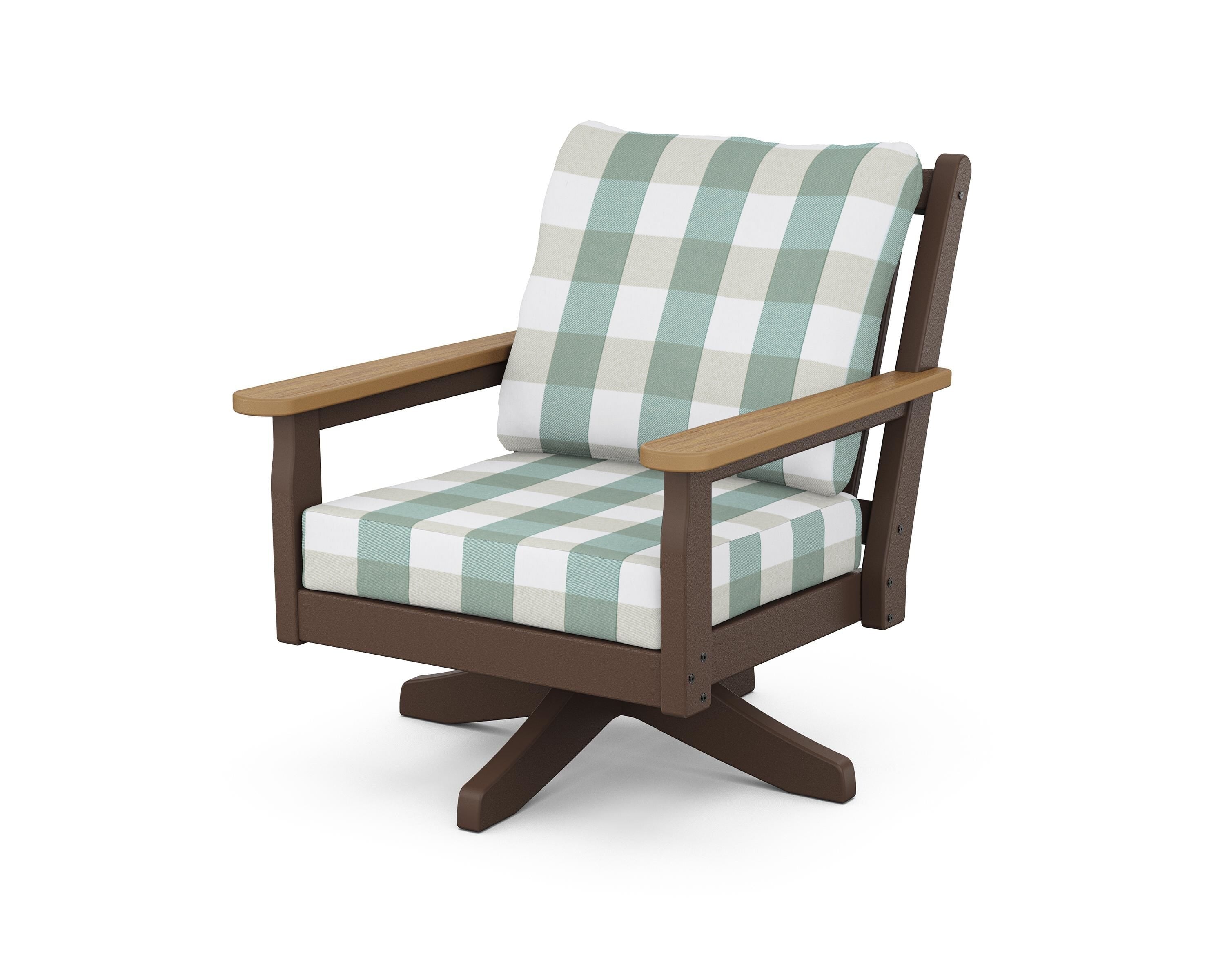 POLYWOOD® Chippendale Deep Seating Swivel Chair in Mahogany / Natural / Buffalo Plaid Glacier Spa