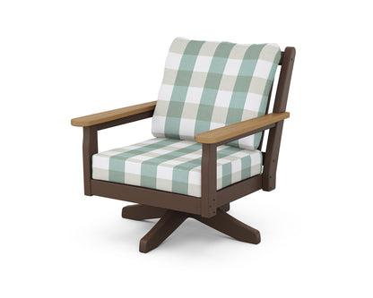 POLYWOOD® Chippendale Deep Seating Swivel Chair in Mahogany / Natural / Buffalo Plaid Glacier Spa