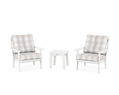 POLYWOOD® Prairie 3-Piece Deep Seating Set in White / Buffalo Plaid Dune Burlap