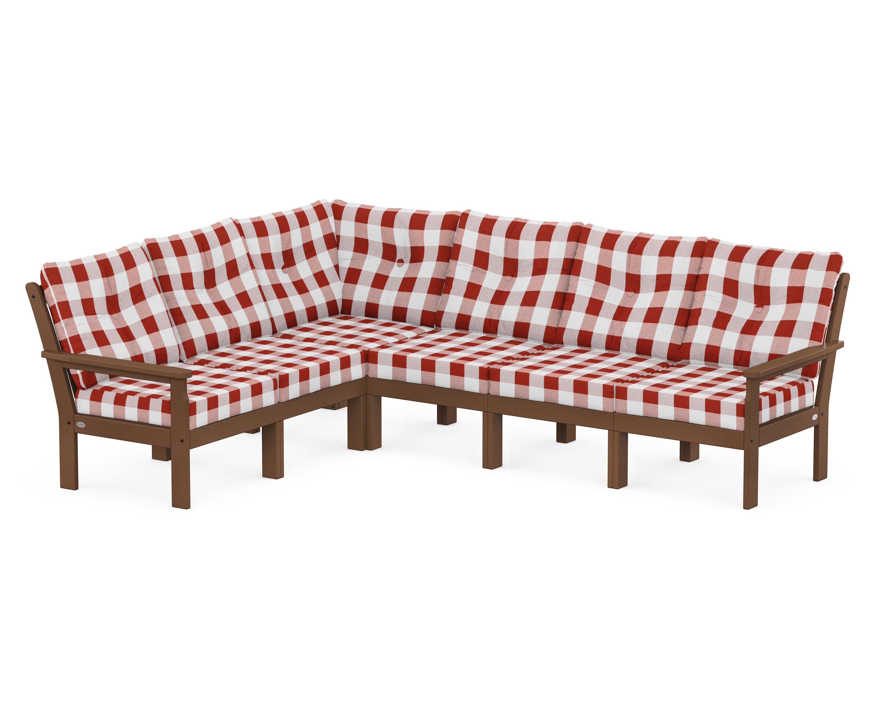 POLYWOOD® Vineyard 6-Piece Sectional in Teak / Buffalo Plaid Crimson
