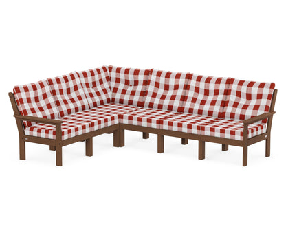 POLYWOOD® Vineyard 6-Piece Sectional in Teak / Buffalo Plaid Crimson