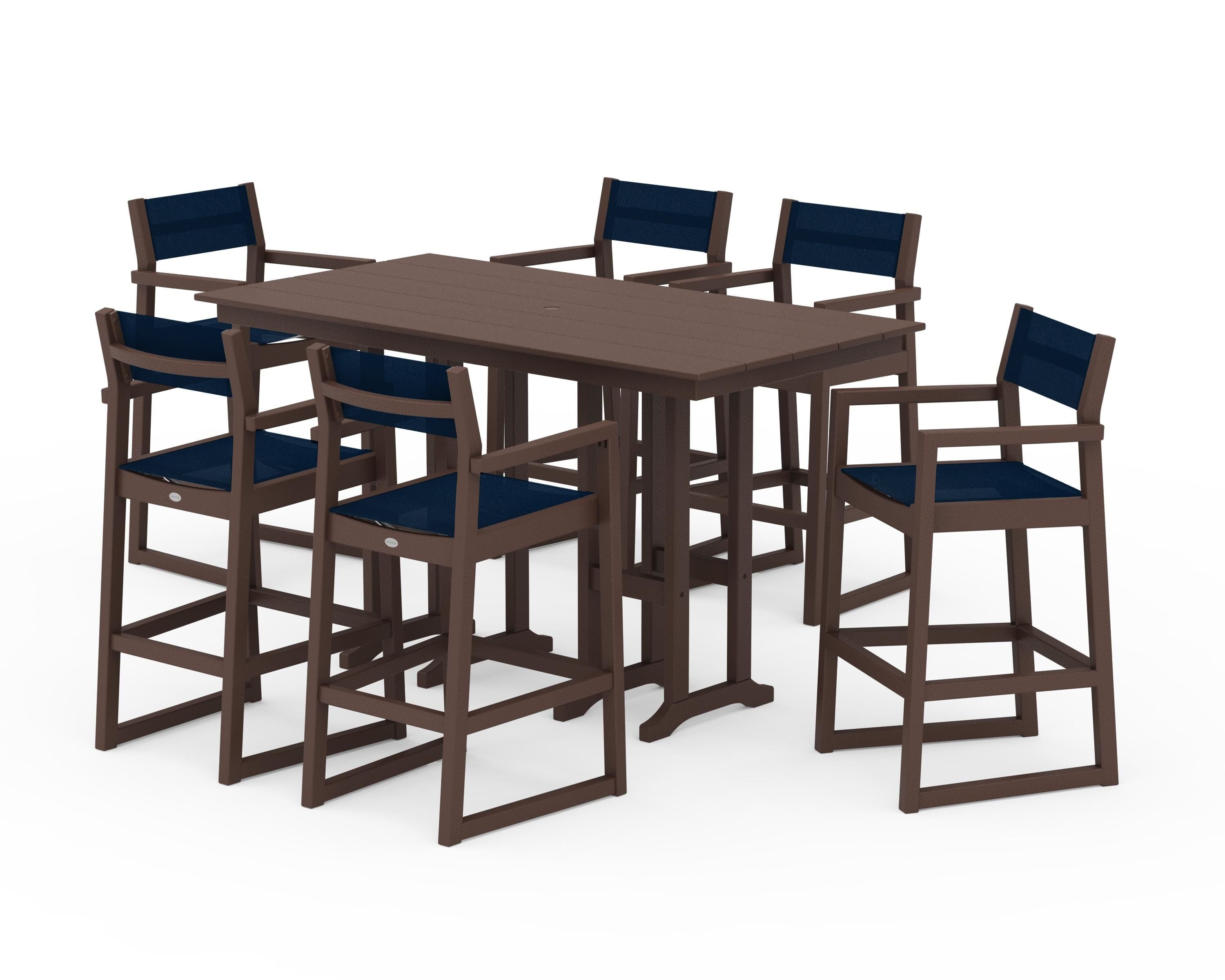 POLYWOOD® EDGE Sling Arm Chair 7-Piece Farmhouse Bar Set in Mahogany / Navy Blue Sling