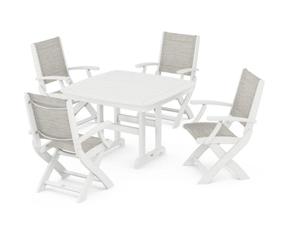 POLYWOOD® Coastal Folding Chair 5-Piece Dining Set in White / Birch Sling