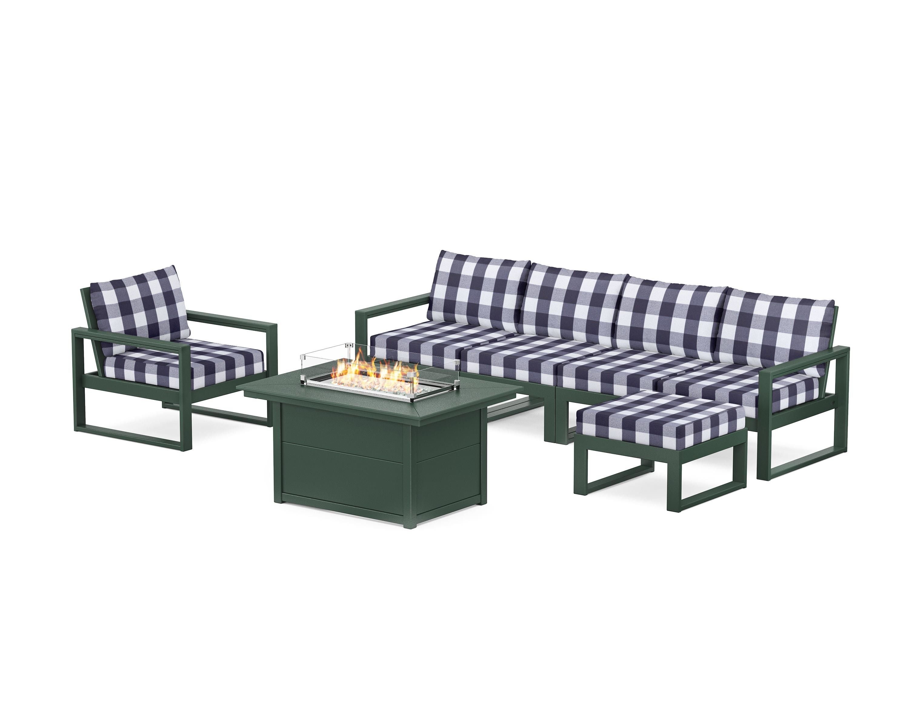 POLYWOOD® EDGE Sectional Lounge and Fire Pit Set in Green / Buffalo Plaid Navy