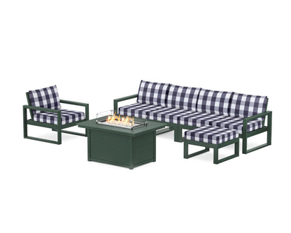 POLYWOOD® EDGE Sectional Lounge and Fire Pit Set in Green / Buffalo Plaid Navy