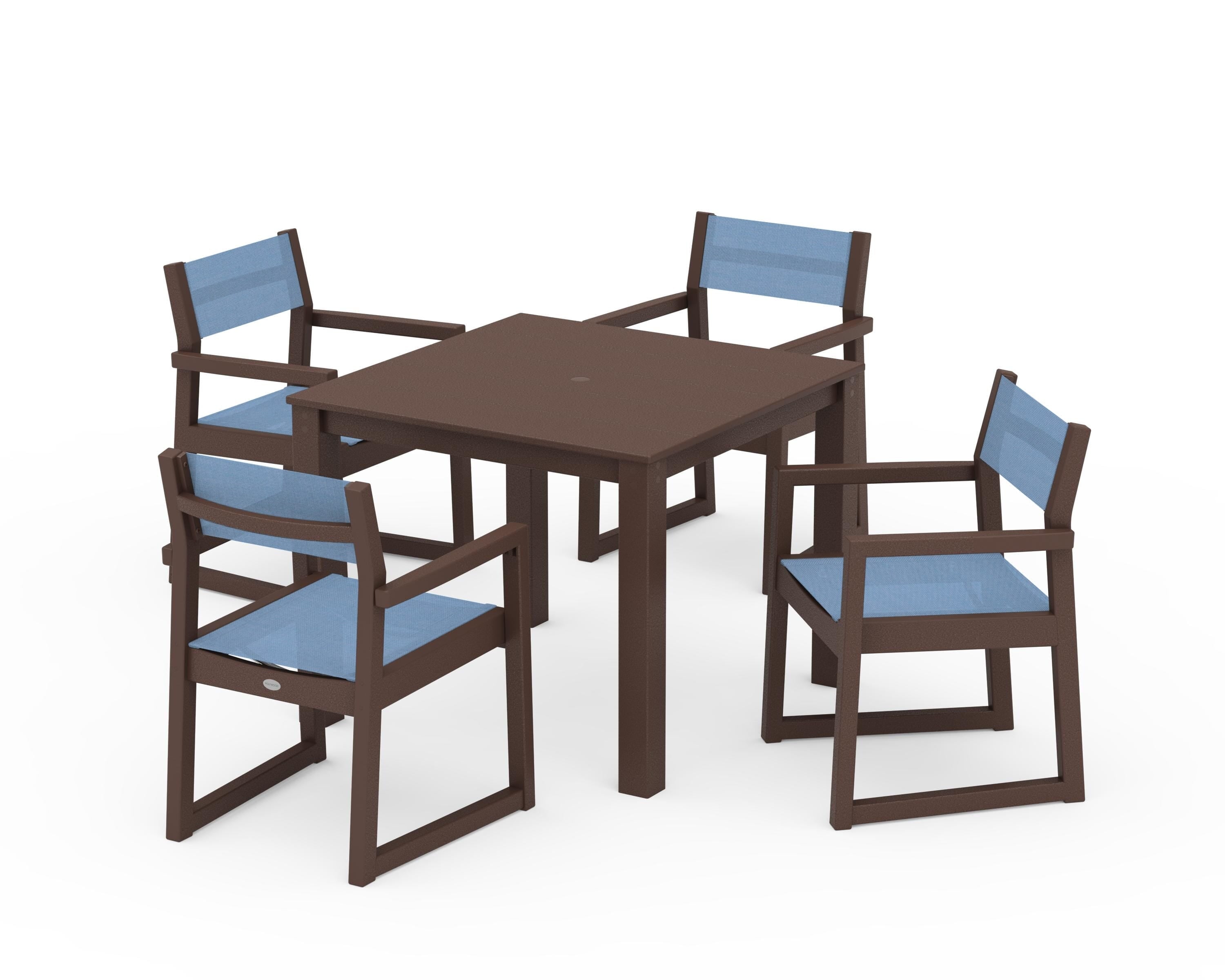 POLYWOOD® EDGE Sling Arm Chair 5-Piece Parsons Dining Set in Mahogany / Poolside Sling