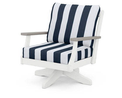 POLYWOOD® Braxton Deep Seating Swivel Chair in White / Driftwood / Cabana Stripe Marine Indigo