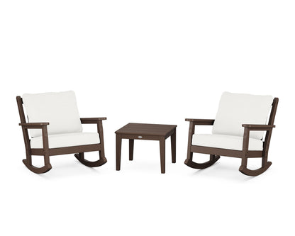 POLYWOOD® Chippendale 3-Piece Deep Seating Rocker Set in Mahogany / Natural Linen