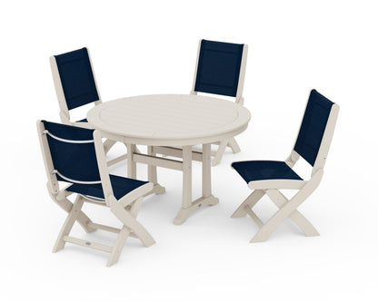 POLYWOOD® Coastal Folding Side Chair 5-Piece Round Dining Set With Trestle Legs in Sand / Navy Blue Sling