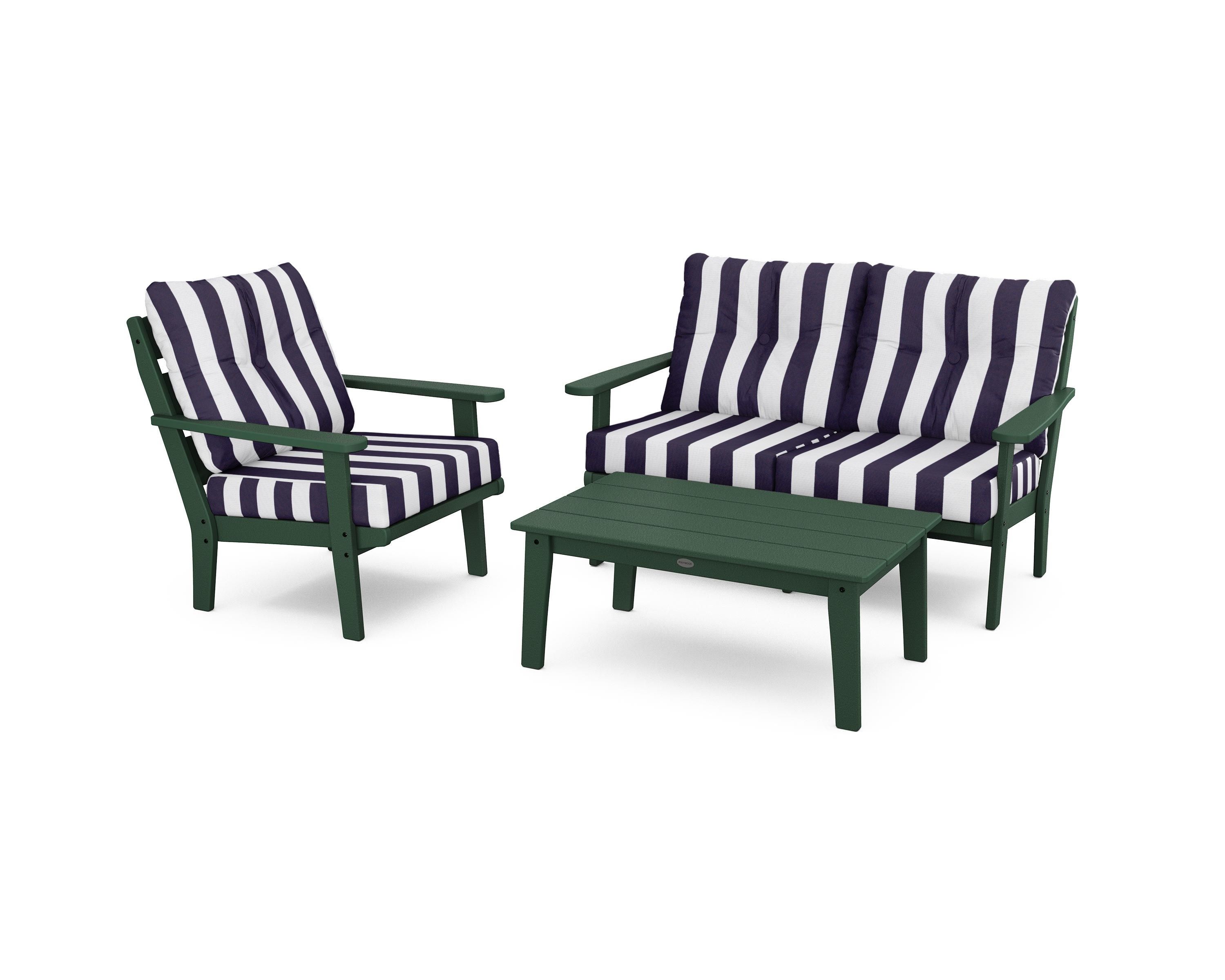 POLYWOOD® Lakeside 3-Piece Deep Seating Set in Green / Cabana Stripe Navy