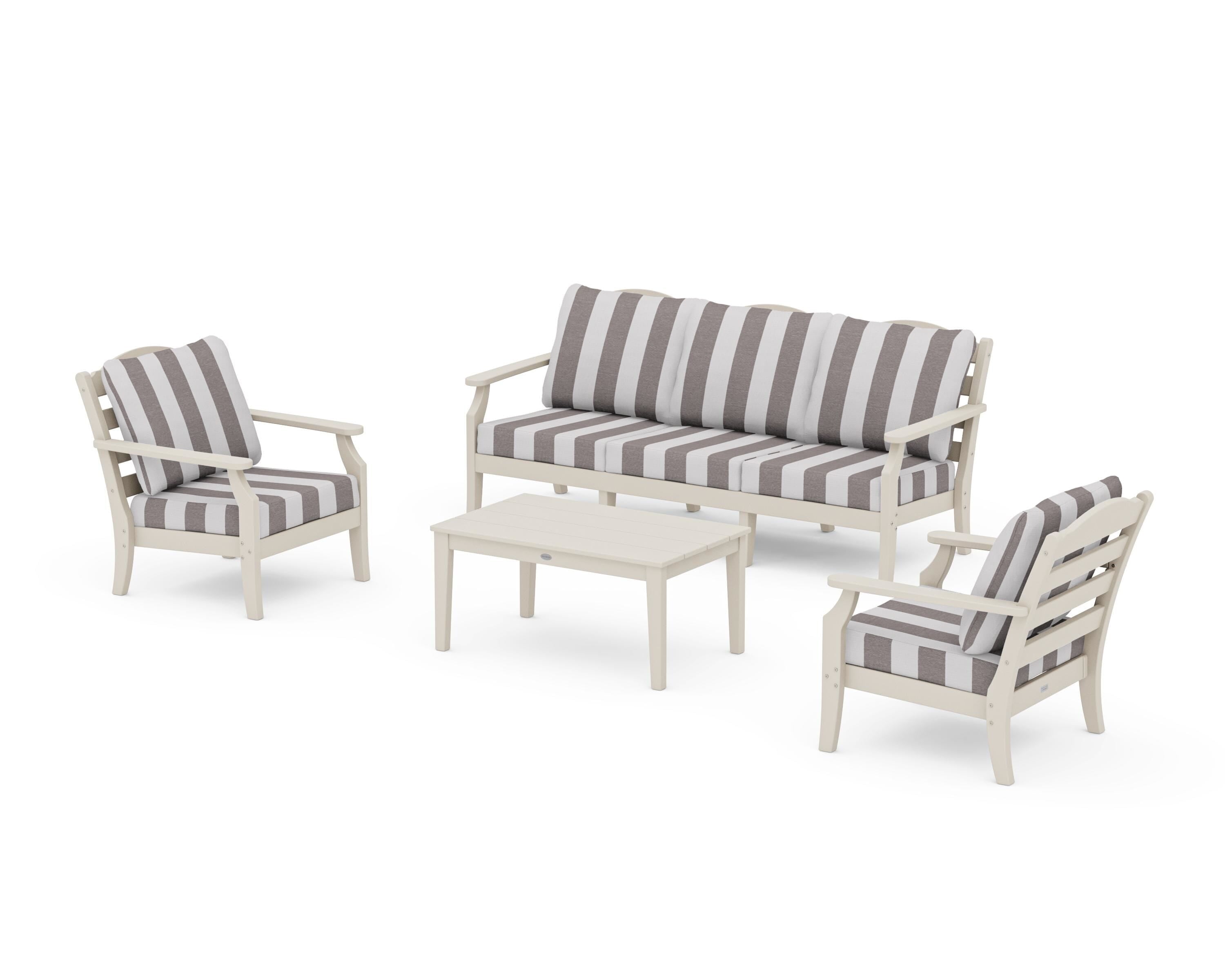 Draper James™ by  POLYWOOD® Savannah 4-Piece Deep Seating Set with Sofa in Sand / Cabana Stripe Grey Mist