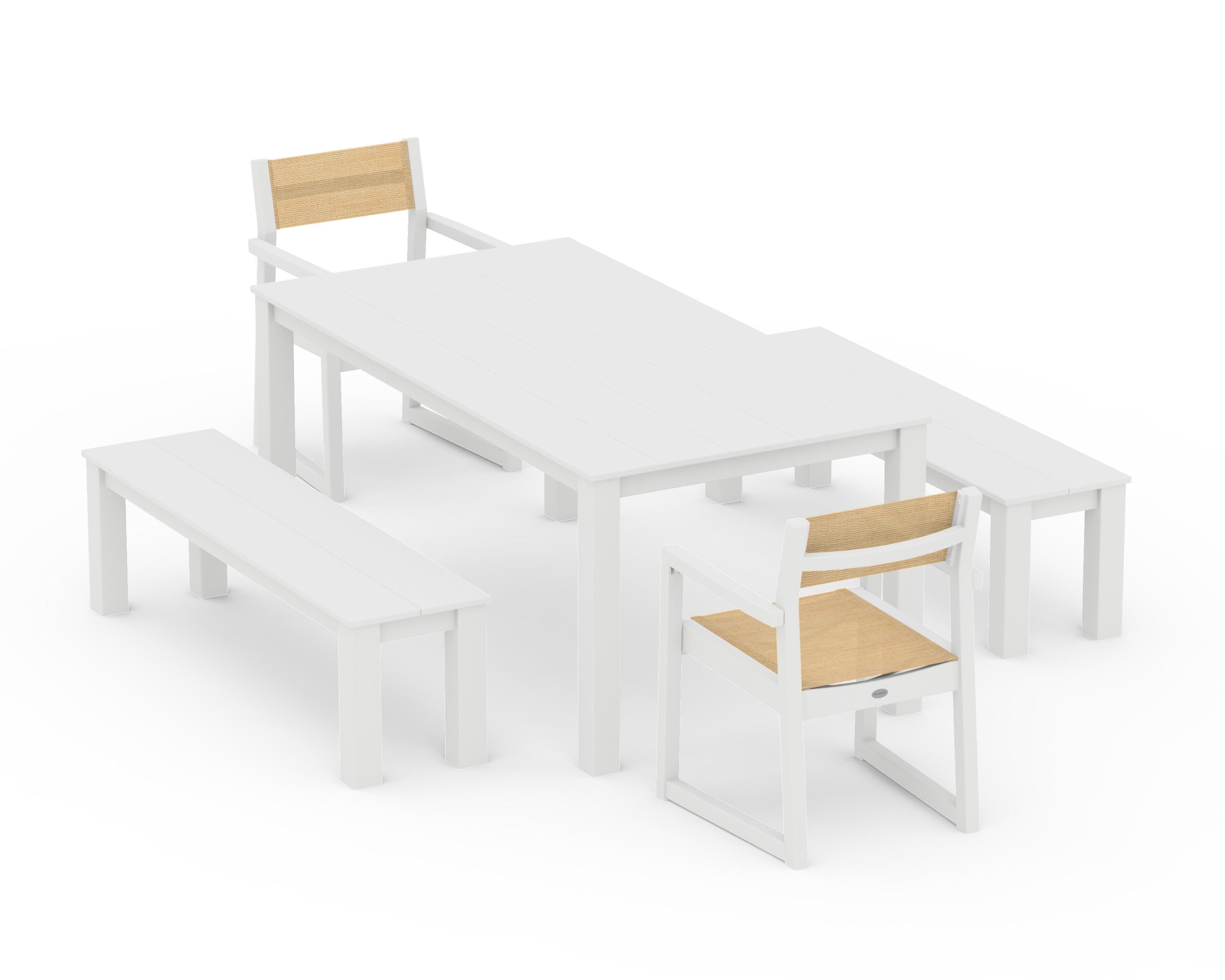 POLYWOOD® EDGE Sling Arm Chair 5-Piece Parsons Dining Set with Benches in White / Dupioni Apricot Sling