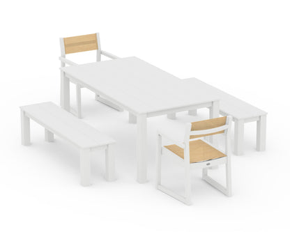 POLYWOOD® EDGE Sling Arm Chair 5-Piece Parsons Dining Set with Benches in White / Dupioni Apricot Sling