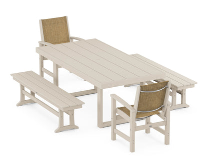 POLYWOOD® Coastal 5-Piece Dining Set with Trestle Legs in Sand / Burlap Sling