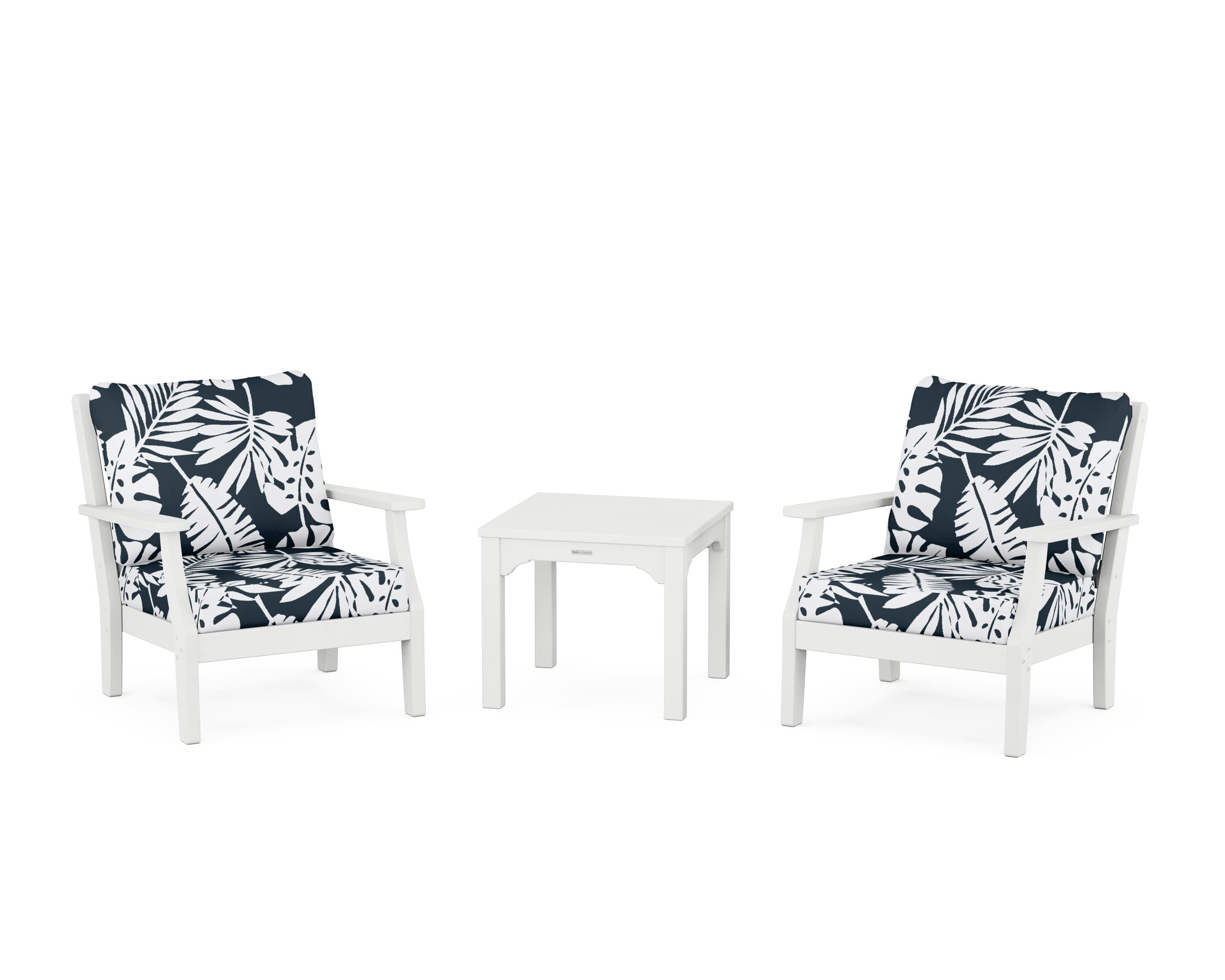 Martha Stewart by POLYWOOD® Chinoiserie 3-Piece Deep Seating Set in White / Leaf Marine Indigo