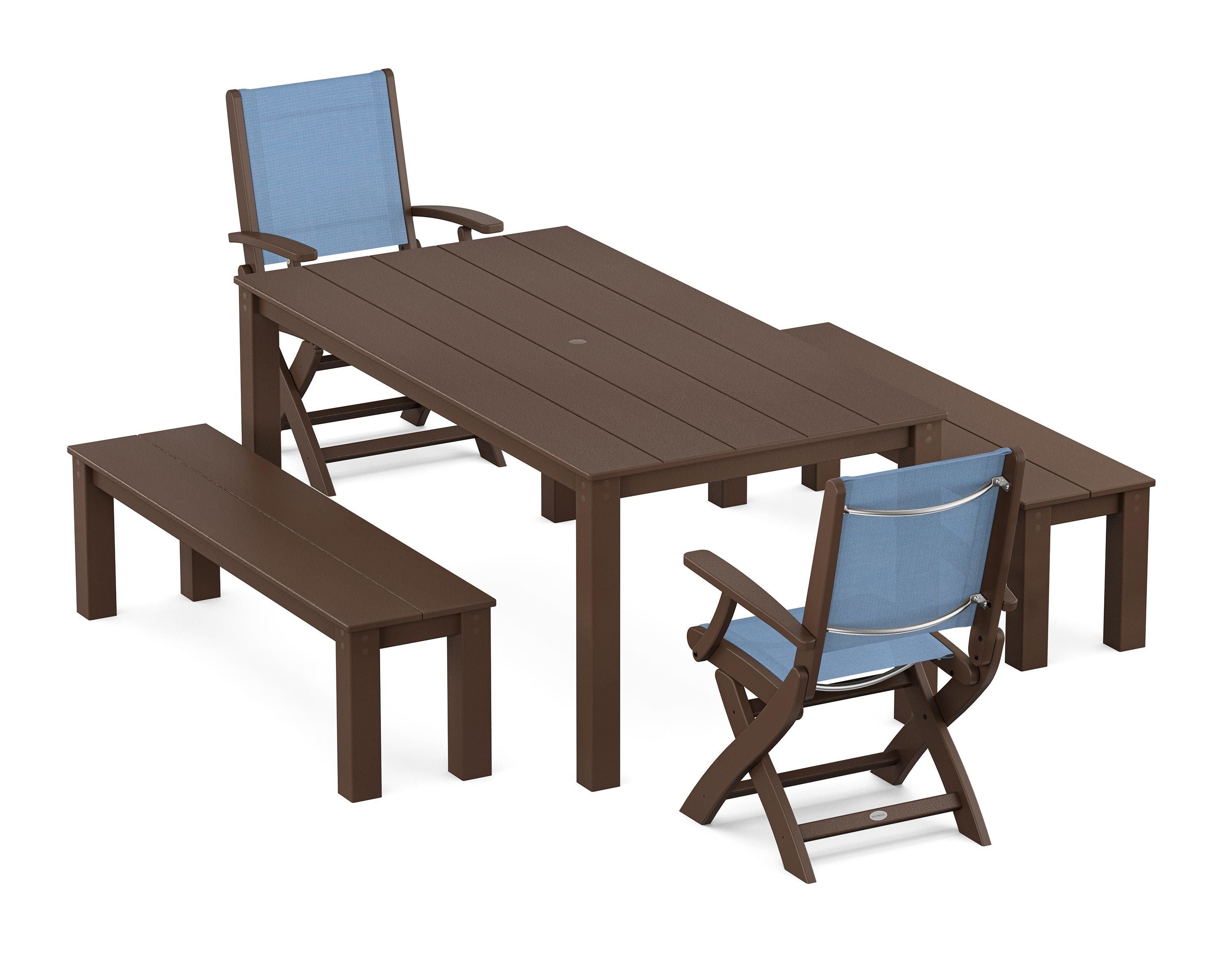 POLYWOOD® Coastal Folding Chair 5-Piece Parsons Dining Set with Benches in Mahogany / Poolside Sling
