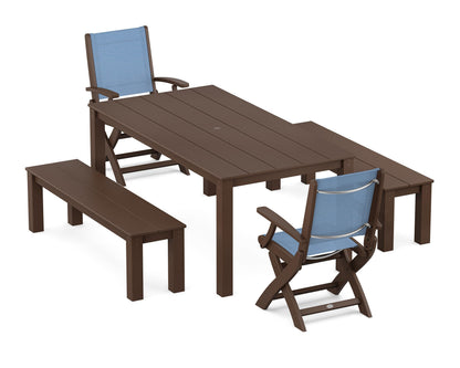 POLYWOOD® Coastal Folding Chair 5-Piece Parsons Dining Set with Benches in Mahogany / Poolside Sling