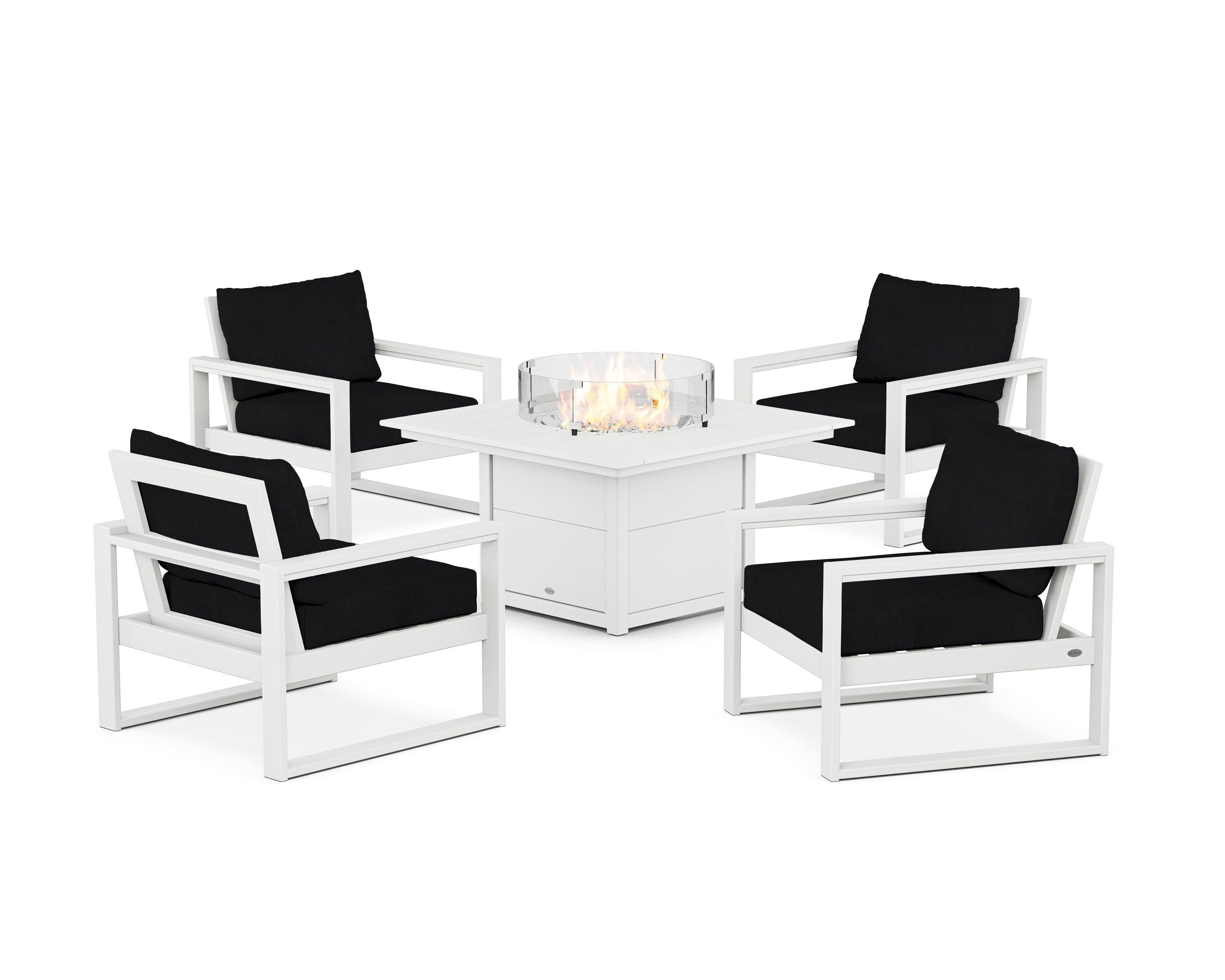 POLYWOOD® EDGE Sectional 5-Piece Deep Seating Set with Fire Pit Table in White / Midnight Linen
