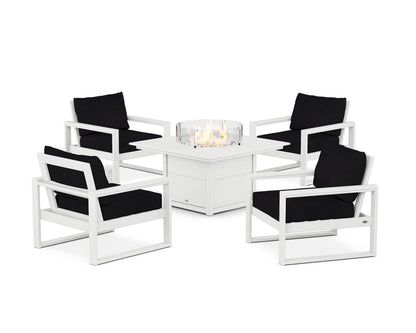 POLYWOOD® EDGE Sectional 5-Piece Deep Seating Set with Fire Pit Table in White / Midnight Linen