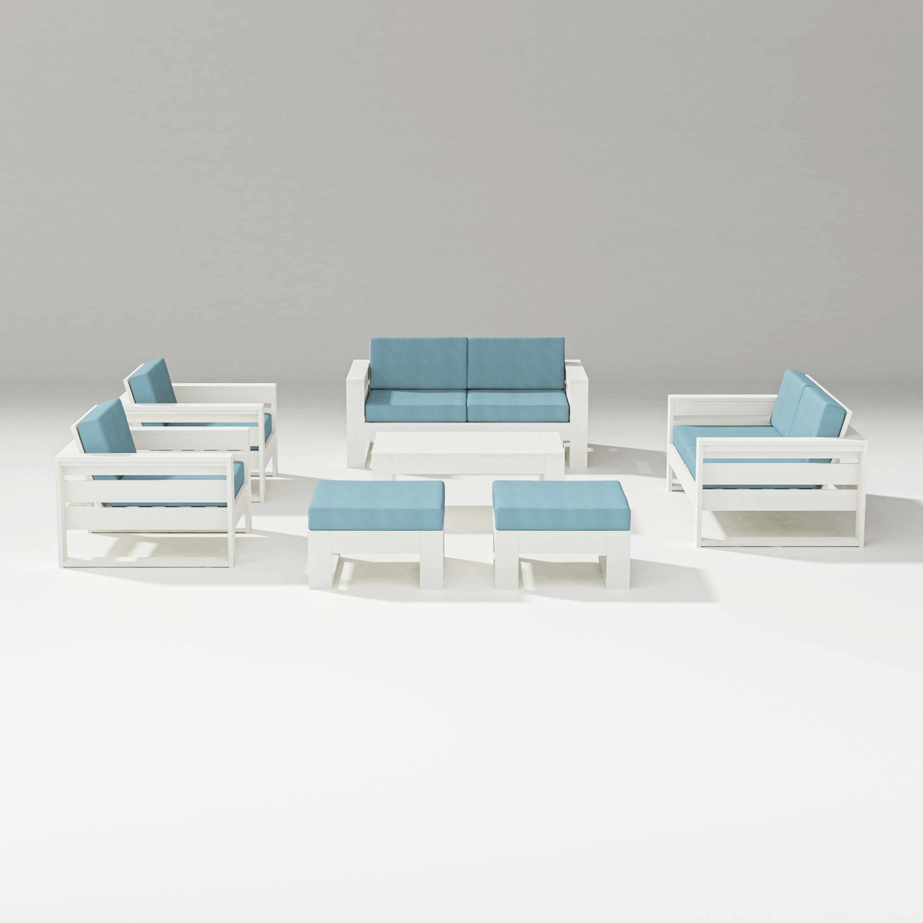 PW Designer Series Latitude 7-Piece Lounge Loveseat Set in Vintage White / Lattice Sky Blue