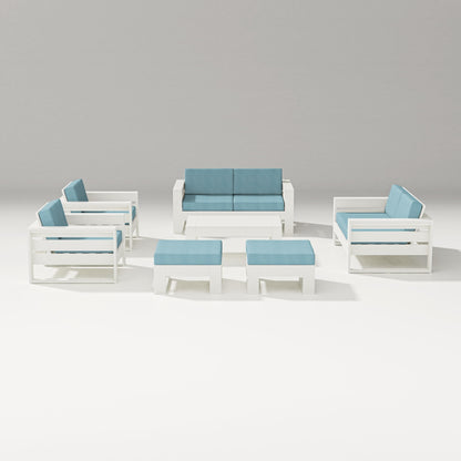 PW Designer Series Latitude 7-Piece Lounge Loveseat Set in Vintage White / Lattice Sky Blue