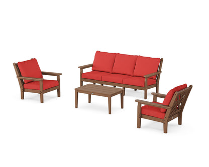 POLYWOOD® Chippendale 4-Piece Deep Seating Set with Sofa in Teak / Crimson Linen