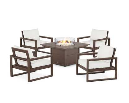 POLYWOOD® EDGE Sectional 5-Piece Deep Seating Set with Fire Pit Table in Mahogany / Natural Linen
